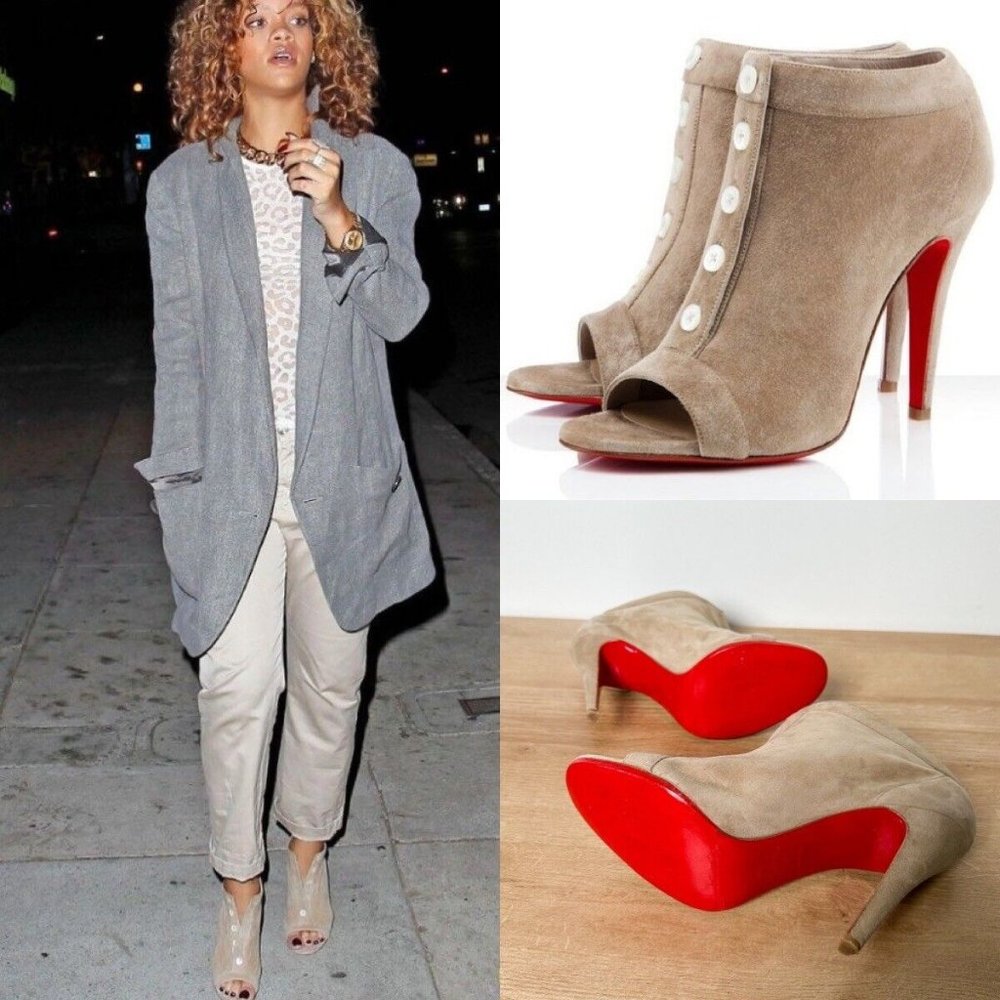 Suede Peep-Toe High Heel Booties in Taupe with Red Sole